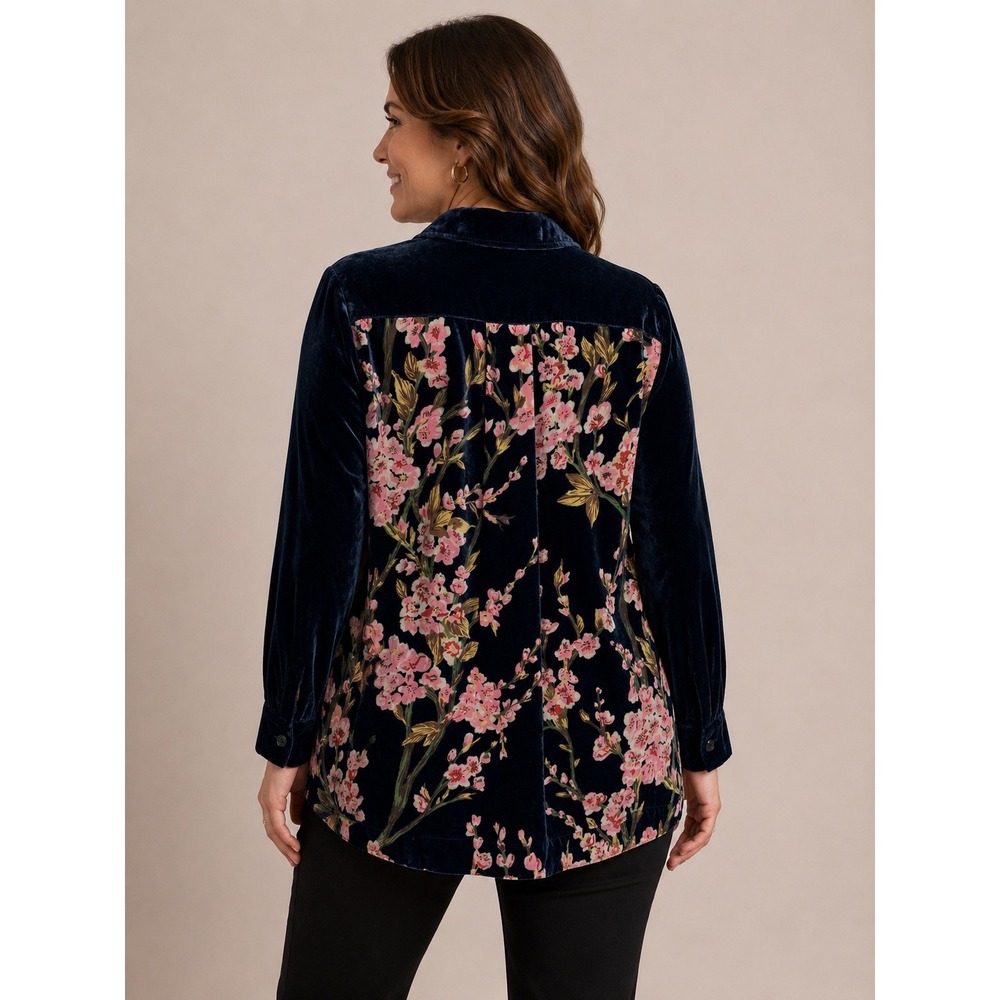 John Mark Navy Velvet Floral Back Button Down Shirt Blouse Womens Medium Boho